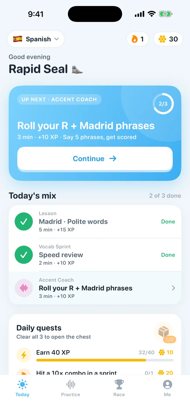 Vocavoy home screen: today's mix of Lesson, Vocab Sprint and Accent Coach, with daily quests